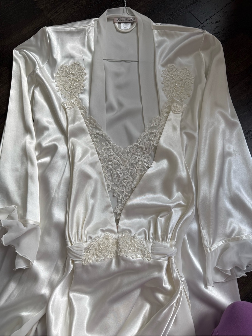 Lina Donatella Ivory Satin Robe & Chemise Set Pearl Lace Bridal Honeymoon S S/M